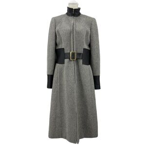ANDEAN TRADITION Suri Alpaca Wool Leather Trimmed Coat Taupe & Black Size Medium